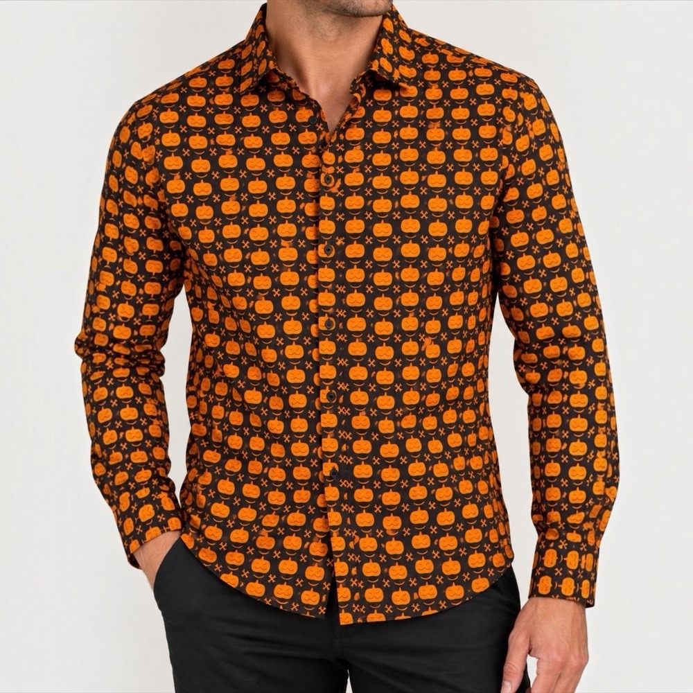 Tom Baine Halloween Pumpkin Shirt Mens M Black Orange Slim Fit NWT